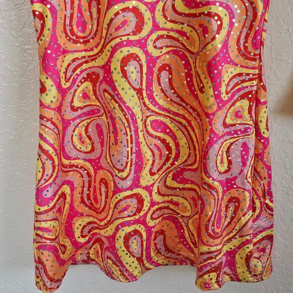Retro 70s-Inspired Bell Sleeve Dress Swirl Print Pink/Orange/Yellow Besser Bay - Picture 4 of 8